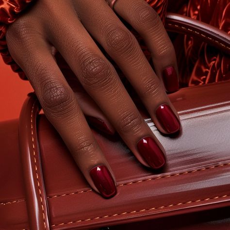 This manicure embodies sophistication with its glossy, deep red polish that complements the rich, warm tones of the ensemble. The high-shine finish adds depth to the classic red, creating an opulent look that’s both bold and timeless. Paired with textured fabrics and polished leather, these nails radiate a sense of luxury and style, perfect for cooler seasons. Ideal for anyone who loves a refined yet impactful aesthetic, this manicure enhances any outfit with its rich, elegant tone. A true s... Red Glossy Nails, Glossy Nails, Textured Fabrics, Red Polish, Elegant Nails, Deep Red, Christmas Home, Nailed It, Nail Inspo