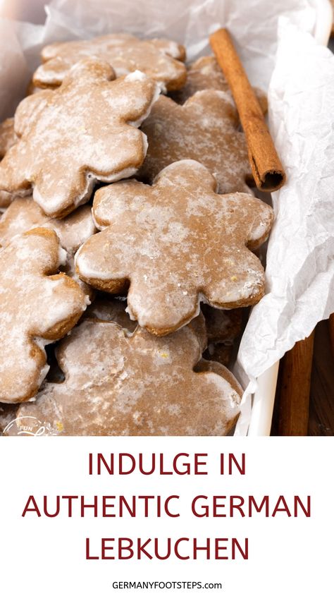 Tray of star-shaped Lebkuchen cookies coated with icing, accompanied by a cinnamon stick. Lebkuchen (german Spice Cookies), German Baking Recipes, German Cookie Recipes, Slavic Recipes, German Gingerbread Cookies, Lebkuchen Recipe, German Lebkuchen, German Gingerbread, Traditional Gingerbread