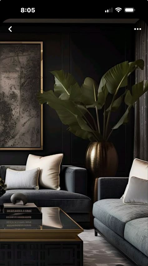 Luxury Living Room Designs Modern Interiors Inspiration, Dark Theme Living Room Ideas, Dark Themed Living Room, Dark Theme Living Room, Dark Boho Living Room, Moody Living Room, Dark Decor, Dark Living Rooms, Black Living Room