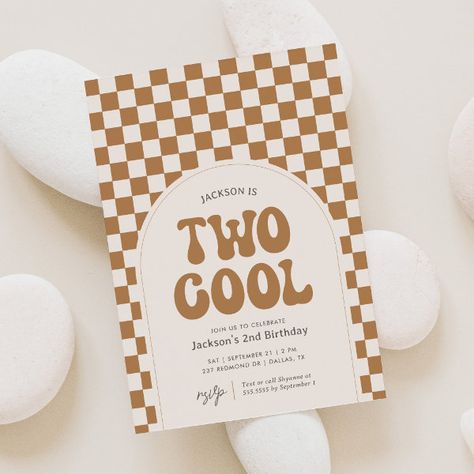 Two Cool Mustard Retro Checker 2nd Birthday Invitation Two Cool Invitation, Two Cool Birthday, Skateboard Birthday, Toddler Boy Birthday, Skate Boy, Hippie Kids, Baby First Birthday Cake, 2nd Birthday Boys, Two Cool