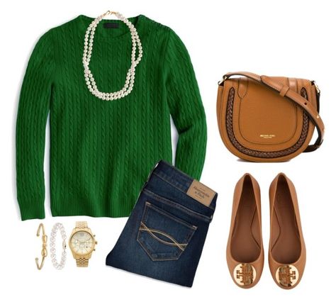 "#176 Christmas Eve" by ultimateprep on Polyvore featuring J.Crew, Abercrombie & Fitch, Tory Burch, STELLA McCARTNEY, Michael Kors, Kate Spade and Blue Nile Green And Navy Sweater Outfit, Navy Green Outfit, Teal Blue Sweater Outfit, Teal Green Sweater Outfit, Winter Outfits Green, Chic Green Crew Neck Sweater, Blue Green Outfit, Green And Blue Outfit, Kelly Green Sweater