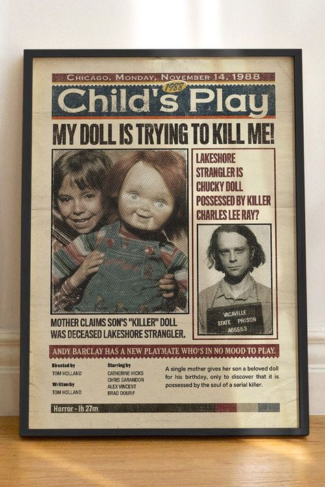 Child's Play 1988 Poster Chucky - Chucky Good Guys Doll - Charles Lee Ray - Don mancini - Movie Vintage Style Newspaper - Horror Print a4 a3, Movie poster print, classic movie poster, vhs247 Charles Lee Ray, Chucky Face, Chucky Movies, Good Guy Doll, Horror Prints, Movie Art Print, Play Poster, Childs Play Chucky, Chucky Doll