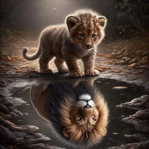 A curious baby lion cub looking into a puddle of water with a reflection of itself as an adult lion with large bushy mane, rendered in a photorealistic style with elements of fantastic realism. . . . . . . . . . . . . . . . . . #lionimages #insparing #inpirationalquotes #motivational #inspartional #motivation #postoftheday #photooftheday #aiimages ##tranding #viralreels #viral #viralvideos #instagrmreels #funny #motivationlimages #deepmeaningimages @_neeraj__2926 Puddle Of Water, Diy Embroidery Crafts, Baby Lion Cubs, Graffiti Wildstyle, Chibi Wallpaper, Tiger Pictures, Lion Images, Lion Cub, Baby Lion