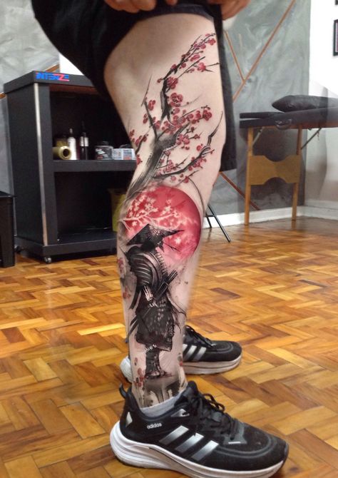 Goku With Tattoos, Oni Legs Tattoo, Trash Polka Samurai Tattoo, Samurai Tattoo Sleeve Men, Samurai Leg Tattoo Men, Japan Tattoo Leg, Japanese Tattoos Samurai, Traditional Japanese Tattoo Leg Sleeve, Samurai Leg Sleeve