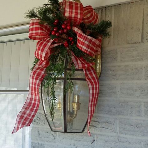 Christmas Carriage Light Decor, Bows On Outdoor Lights, Garage Light Christmas Swag, Outdoor Light Fixture Christmas Decor, Christmas Bows On Outdoor Lights, Garage Lights Christmas Decor, Outdoor Bows Christmas, Christmas Swag For Outdoor Lights, Garage Light Christmas Decor