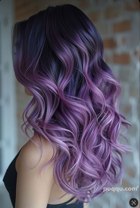 Purple To Lavender Ombre Hair, Lavender Ombré Hair, Purple Into Pink Hair, Brunette Lavender Hair, Vivid Summer Hair Color, Lilac Balayage Brunettes, Summer Purple Hair, Purple Balayage Brunette, Lilac Ombre Hair