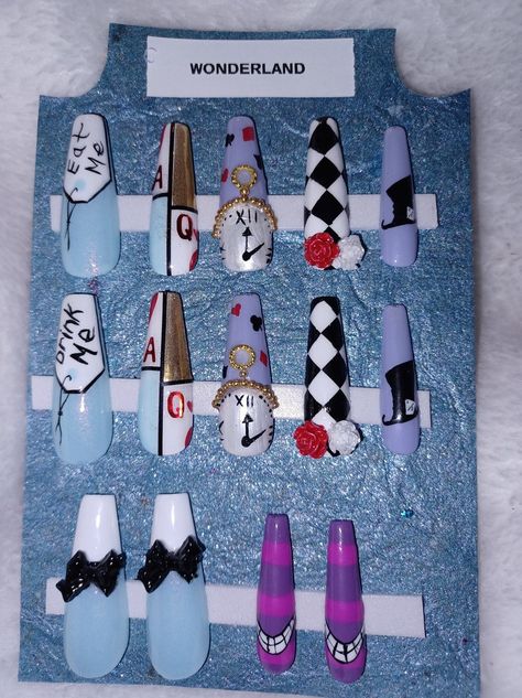 Wonderland Full Set of Press on Nails - Etsy Nail Designs Alice In Wonderland, Character Themed Nails, Alice In Wonderland Themed Nails, Mad Hatter Nails Acrylic, Alive In Wonderland Nails, Beyond Wonderland Nails, Alice In Wonderland Inspired Nails, Alice Nails Wonderland, Alice In Wonderland Nails Acrylic