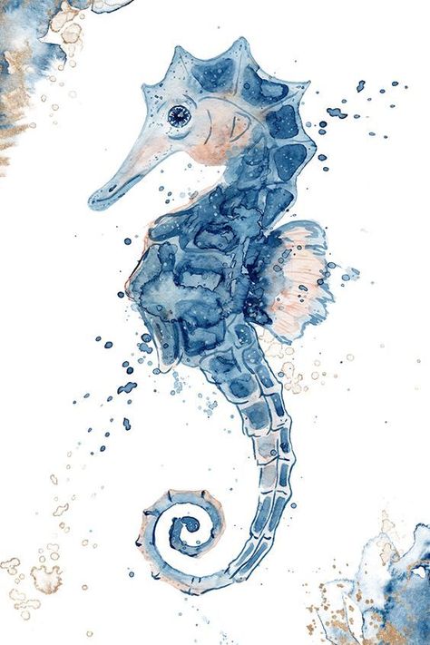 Seahorse Watercolor, Watercolor Seahorse, Whale Poster, Blue Seahorse, Watercolor Whale, Hur Man Målar, Sea Horse, Sea Art, Blue Whale