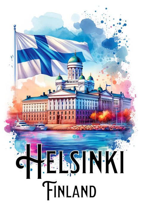 Helsinki Finland Poster is ideal to print at home as a DIGITAL DOWNLOAD. Featuring the Finnish flag and a wonderful watercolor of Helsinki Cathedral, this printable poster will delight all those who love Finland! Finland Poster, Finland Helsinki, Helsinki Finland, Finland Map, Finnish Flag, Finland Flag, Flag Printable, Map Quilt, Finland Travel