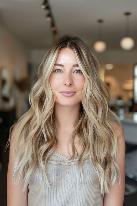 Woman with long, wavy blonde hair smiles softly while standing in a well-lit room with modern decor. Blondes For Pale Skin, Soft Summer Blonde Hair, Milky Blonde Hair, Bright Balayage, Neutral Blonde Hair, Blonde Looks, Blonde Styles, Bold Highlights, Dimensional Hair