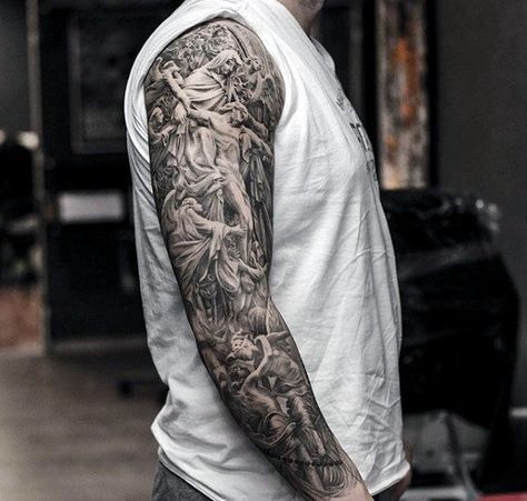 Ornate Intricate Mens Finely Detailed Jesus Angel Full Sleeve Tattoos Religious Tattoos For Men, Religious Tattoo Sleeves, Christus Tattoo, Mangas Tattoo, Catholic Tattoos, Tattoo Guide, Ray Tattoo, Money Tattoo, Tattoo Background