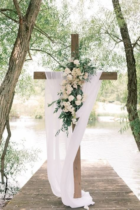 Outdoor Wedding Cross Backdrop, Alter Decor Wedding, Decorated Cross For Wedding, Cross Wedding Arbor, Wedding Ceremony Cross Backdrop, Alter Ideas For Wedding, Wedding Cross Altar Outdoor Ceremony, Cross Decorations For Wedding, Cross Backdrop Wedding