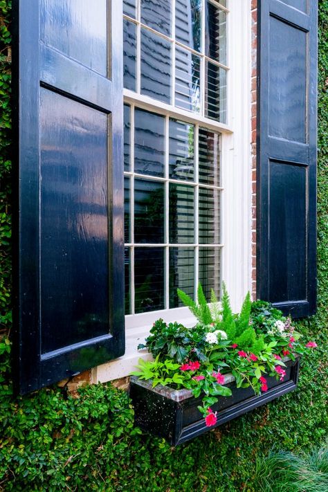 Here Are the Four Types of Exterior Window Shutters Window Shutters Exterior Brick House, Raised Panel Shutters Exterior, Shutter Styles Exterior Brick, Outdoor Shutters Diy, Exterior Window Shutter Ideas, Exterior Window Shutters Ideas, Outside Shutters For Windows, Cottage Shutters Exterior, Panel Shutters Exterior