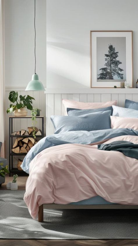 Minimalist bedroom with pastel pink, blue, and grey colors, featuring a gray bed in the center, a wooden log side table royalty free stock photo Pastel Pink And Blue Bedroom, Pink And Blue Bedroom Ideas, Bedroom Inspirations Blue, Blue And Pink Bedroom, Log Side Table, Photo Bedroom, Gray Bed, Gray Photo, Navy Bedrooms