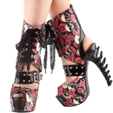 Flower High Heels, Alternative Fashion Punk, Skull Heels, Lace Skull, Skull Shoes, Rock Boots, Fancy Costumes, Skull Clothing, Goth Women