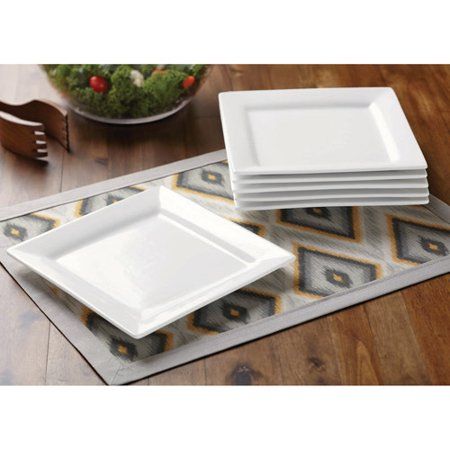 Better Homes & Gardens Square Salad Plates, White, Set of 6 - Walmart.com Table Settings Everyday, White Salad, Plates White, Square Dinnerware Set, White Dinner Plates, Porcelain Dinnerware, White Set, Square Plates, Homes And Gardens