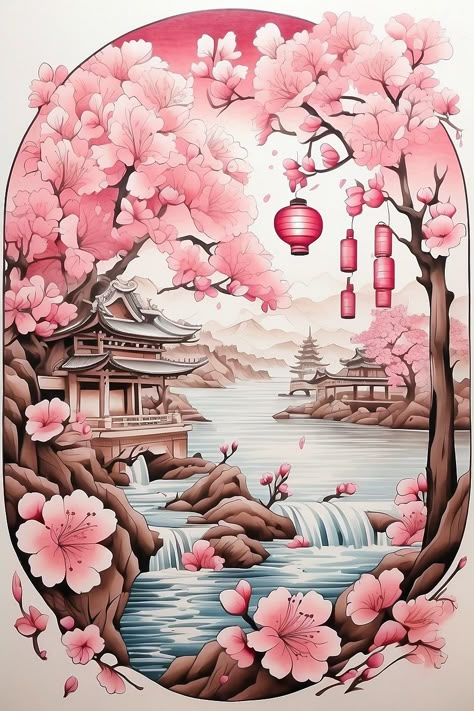 Tattoo Designs Man - Tattoo Designs Drawings - Tattoo Designs Women - Tattoo Designs Dark - Tattoo Designs Realistic #TattooDesigns #TattooDrawings Asian Style Tattoos Japanese Art, Japanese Garden Tattoo Design, Japanese Scenery Tattoo, Japanese Sakura Tattoo, Japanese Garden Tattoo, Japenses Tatoos Design, Tattoo Designs Dark, Tattoo Designs Realistic, Tattoo Designs Women