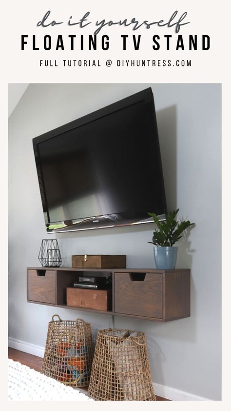 DIY Floating TV Stand - DIY Huntress Under Floating Tv Stand Decor, Diy Floating Tv Stand, Floating Tv Stand Ideas, Tv Floating Shelves, Floating Shelves Tv Wall, Floating Shelf Plans, Floating Shelf Under Tv, Shelf Under Tv, Texas Apartment