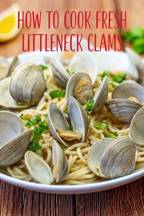 Plump, juicy, and sweet, our fresh littleneck clams are surprisingly easy to cook. Little Neck Clam Recipes, Littleneck Clam Recipes, Littleneck Clams, How To Clean Clams, Fresh Clams, How To Cook Liver, Random Recipes, Clam Recipes, Cooking Guide