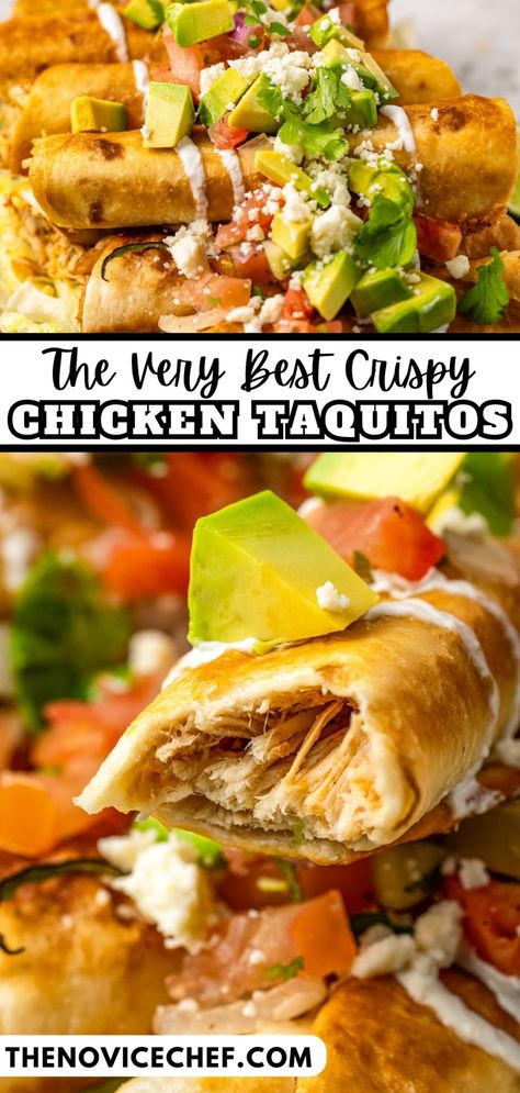 Golden and crispy, these chicken taquitos have an addictive crunch and a cheesy, tomatoey filling you'll love. Topped with avocado and crema, you might just add a Taquito Night to your weekly menu. In case you're out of chicken or want to switch things up, you can also make them with shredded beef, mashed potatoes, or refried beans. Give them a go! Chicken Taquitos Cream Cheese, Crunchy Tacos Recipe, Taquitos Cream Cheese, Taquitos Casserole, Chicken Lettuce Wraps Healthy, Beef Mashed Potatoes, Air Fryer Taquitos, Taquitos Beef, Taquitos Recipe