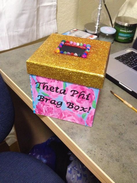 Theta Phi Brag Box! Theta Phi Alpha, Beta Nu Chapter Sunshine Chair Sorority Ideas, Sorority Bonding Activities, Sisterhood Ideas, Chapter Ideas, Tri Delt, Sorority Ideas, Alpha Epsilon Phi, Sigma Delta Tau, Theta Phi Alpha