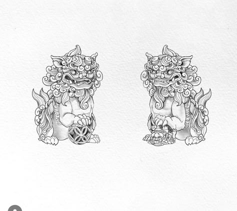 Pixiu Chinese Drawing, Chinese Lion Dog Tattoo, Shi Shi Dog Tattoo, Cute Foo Dog Tattoo, Dancing Lion Tattoo, Chinese God Tattoo, Chinese Lion Tattoo Foo Dog, Female Foo Dog Tattoo, Chinese Guardian Lion Tattoo