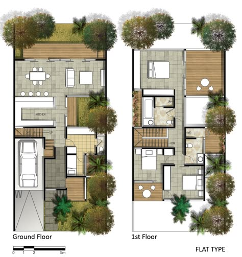 Projects by Fajar Aditya at Coroflot.com Rendered Floor Plan, Narrow House Plans, Townhouse Designs, Villa Plan, Architectural Floor Plans, Narrow House, Layout Architecture, Row House, Modern House Plans