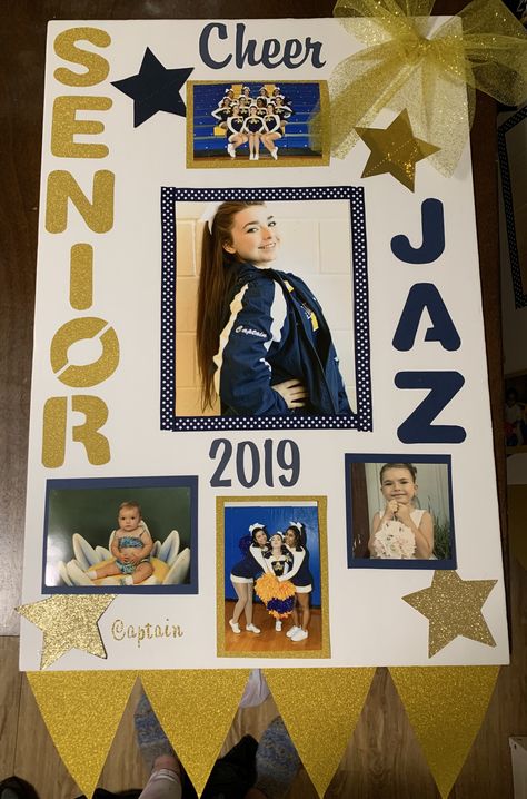 Senior Night Cheerleading Poster Senior Posters Cheer, Soccer Senior Night Posters, Senior Poster Board Ideas, Senior Night Poster, Poster Board Ideas, Soccer Senior Night, Senior Poster, Senior Cheerleader, Volleyball Senior Night