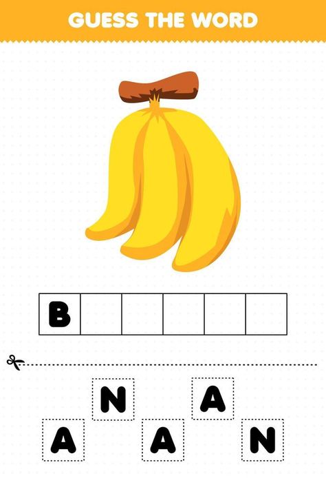 Education game for children guess the word letters practicing cute fruit banana Banana Worksheet, Fruit Banana, Rainbow Mobile, Guess The Word, Game For Children, Banana Fruit, Lettering Practice, Educational Worksheets, Cute Fruit