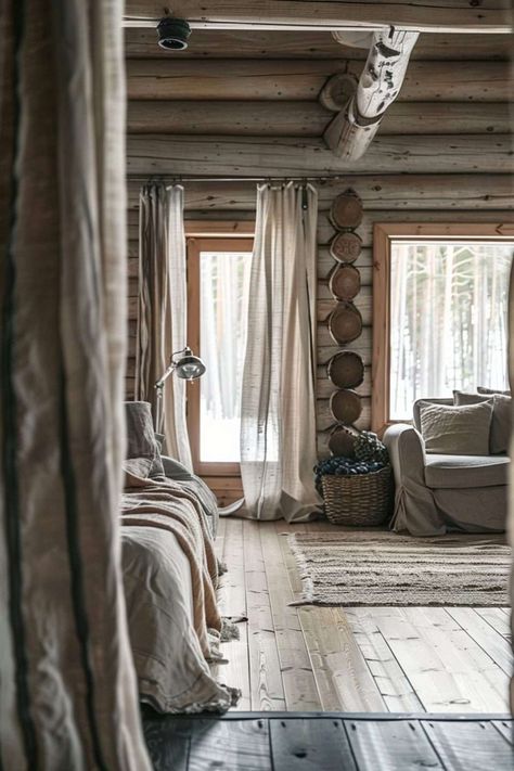 Log Cabin Window Ideas - Enhancing Your Cozy Retreat - Melanie Jade Design Log House Window Treatments, Log Cabin Window Treatments Ideas, Cabin Curtain Ideas, Log Cabin Curtains, Rustic Curtain Ideas, Cabin Window Treatments, Modern Skylights, Bedroom Window Design, Cabin Curtains