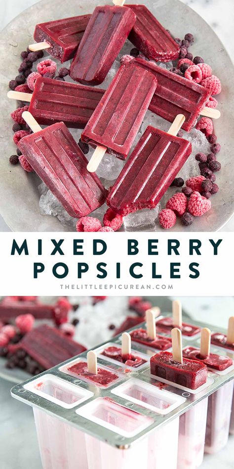 Mixed Berry Popsicles- The Little Epicurean Homemade Smoothie Popsicles, Berry Popsicle Recipes, Frozen Fruit Popsicles Recipes, Blackberry Popsicle Recipes, Blackberry Popsicles, Frozen Fruit Popsicles, Fresh Strawberry Popsicle Recipes, Popcicles Recipes Strawberry, Blueberry Popsicles