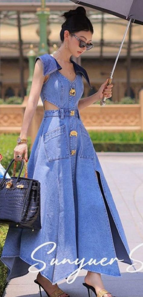 Chic Denim Outfits, Unique Summer Dresses, Denim Dress Style, Fall Fashion Trends Casual, Summer Work Dresses, Embellished Skirt, Denim Outfits, Rock Outfit, Elegante Casual