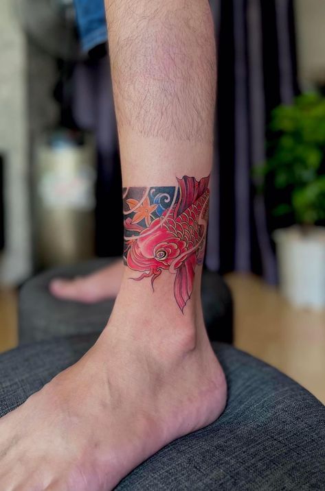 Koi Band Tattoo, Japanese Ankle Tattoo, Japanese Armband Tattoo, Japanese Band Tattoo, Japanese Arm Band Tattoos For Men, Cool Space Tattoos, Tato Irezumi, Wrap Around Ankle Tattoos, Space Tattoo Ideas