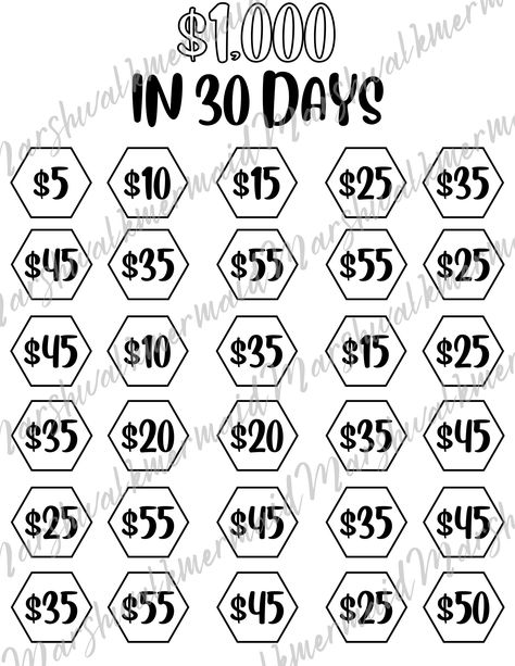 A simple goal tracker to save $1000 in 30 days. Color in one shape every day, save the amount in the shape and have 1000 dollars when you are done! How To Save 1000 In 30 Days, 10000 In 52 Weeks, 1000 Dollars In 30 Days, 1000 In 2 Months, Saving 1000 In 30 Days, 2500 In 30 Days, 1k In 30 Days, 25000 Savings Challenge, Save 1000 In 30 Days