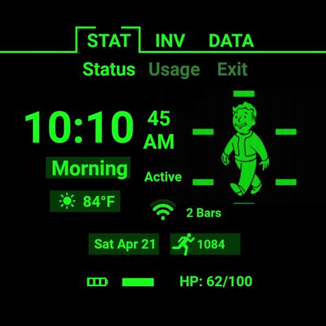 An animated/dynamic Pip-Boy device from Fallout, now with digital time thad adjusts to your 12 or 24 hr display preference.. Features GIF display, dim mode, battery, wifi, activity, and weather readouts. Perfect for round, square, or flat tyre (tire) designs. Flat Tyre, Pip Boy, Wear Watch, Boy Gif, Watch Wallpaper, Samsung Galaxy Watch, Flat Tire, Apple Watch Faces, Watch Faces