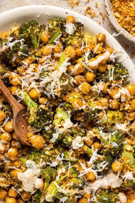 Meet your new favorite way to eat broccoli: Broccoli Caesar Salad with Crispy Chickpeas and Toasted Breadcrumbs. Caesar Salad With Chickpeas, Broccoli Caesar Salad, Broccoli Caesar, Broccoli Chickpea, Luteal Phase, Broccoli Stems, Crispy Chickpeas, Salad Sauce, Roasted Broccoli