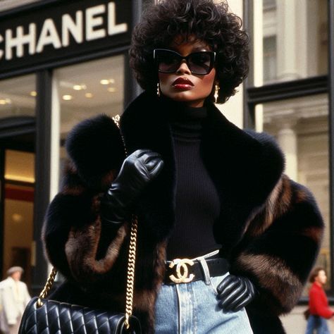 Posh Woman, Hollywood Glam Photoshoot Ideas, Old Hollywood Glamour Aesthetic Black Women, Old Hollywood Aesthetic Black Women, Black Feme Fatale, Fall Chic Outfits, Luxury Vintage Women's Fur Coat, 90’s Hairstyles, Fur Coat Aesthetic Black Woman