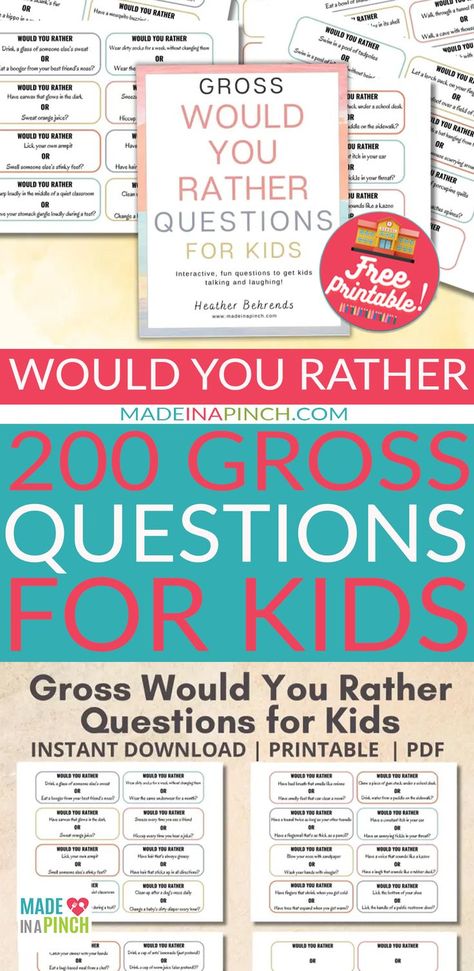 Want an easy game that will entertain kids for hours? Look no further than Gross Would You Rather Questions! These kid-friendly, disgusting would you rather questions will have kids simultaneously groaning and erupting in squeals of laughter! Grab your set of printable questions (with blank cards included to add your own cringe-worthy scenarios!). Print and Play this fun Would You Rather Game with your kids! | @made_in_a_pinch Would You Rather Questions For Kids, Would Rather Questions, Fun Questions For Kids, Kids Saving Money, Would You Rather Game, Rather Questions, Mom Truth, Would You Rather Questions, Parenting Tools