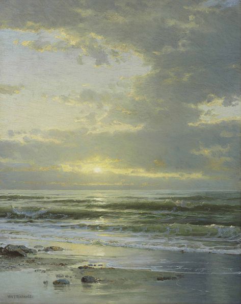 William Trost Richards (1833-1905) Sunrise At The Beach, Sunrise On The Beach, Ocean Landscape Painting, Seaside Paintings, Sea Artwork, Ocean Landscape, Sky Painting, Ocean Painting, Romantic Art