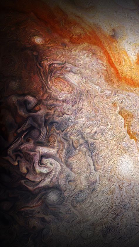 Scientist Rick Lundh created this abstract Jovian artwork using data from the JunoCam imager onboard NASA's Juno spacecraft.  The original image captures a close-up view of numerous storms in the northern hemisphere of Jupiter. To produce this artwork, Lundh selected a more contrasting part of one of Jupiter's storms, then cropped the image and applied an oil-painting filter. Image by #NASA Planet Close Up, Jupiter Aesthetic Planet, Planet Jupiter Aesthetic, Jupiter Surface, Jupiter Aesthetic, Jupiter Storm, Jupiter Photos, Jupiter Art, Juno Jupiter