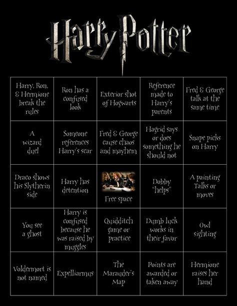 Harry Potter Bingo Harry Potter Marathon Ideas, Harry Potter Bingo, Harry Potter Drinking Game, Harry Potter Weekend, Harry Potter Watch, Harry Potter Party Games, Harry Potter Activities, Harry Potter Movie Night, Harry Potter Marathon