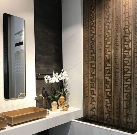 Versace ceramic #gold Versace Bathroom, Versace Home, Ceramic Tile, Luxury Interior, Framed Bathroom Mirror, Ceramic Tiles, Lighted Bathroom Mirror, Bathroom Decor, Bathroom Mirror