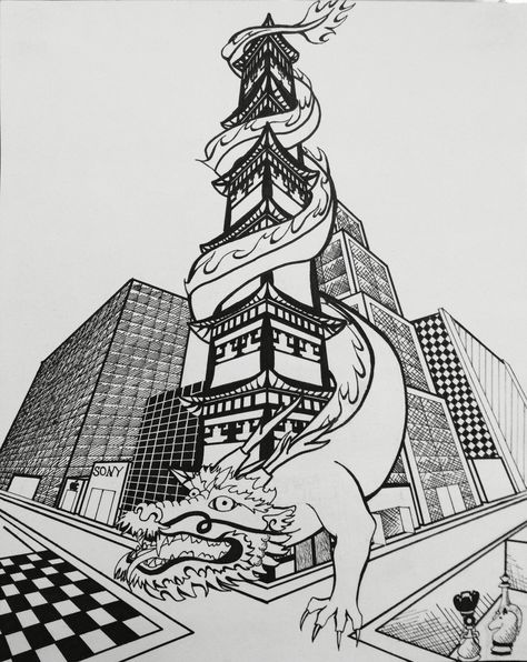 3rd Point Perspective Drawing, 2 Point Prospective Drawing, Buildings One Point Perspective, 2 Point Perspective Drawing Futuristic, Three Points Perspective, 3 Point Perspective Cityscape, Perspective Painting Ideas, One Point Perspective Building Drawing, 2pt Perspective Drawing