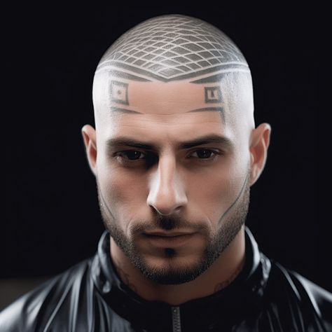 Buzz Cut with Geometric Patterns Head Tattoo Men Bald, Bald Head Tattoo Men, Geometric Head Tattoo, Head Tattoo Men, Bald Head Tattoo, Watch Tattoo Design, Band Tattoos For Men, Scalp Tattoo, Buzz Cut Hairstyles