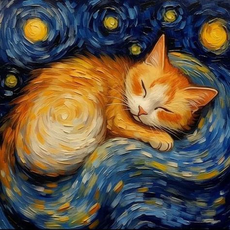 Starry Night Drawing Ideas, Orange Cat Art, Cats Painting, Painted Cat, Cat Paintings, Arte Van Gogh, Cat Artwork, Small Pictures, Cats Illustration