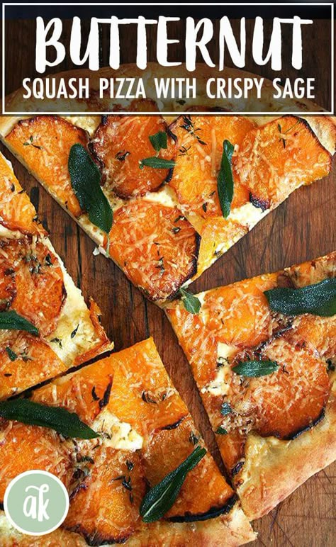 Roasted butternut squash and crispy sage pizza — a fall favorite! Garlic oil, homemade ricotta, roasted butternut squash, fresh thyme and crispy sage make this pizza truly special. #pizza #butternut #squash #sage #crispy #ricotta Sage Pizza, Butternut Squash Flatbread, Special Pizza, Butternut Squash Sage, Butternut Squash Pizza, Pumpkin Pizza, Squash Pizza, Delicious Vegetarian Dinner, Homemade Ricotta