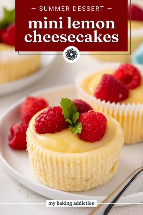 Mini lemon cheesecakes are topped with lemon curd and fresh berries for a bright addition to any summer menu. Mini Lemon Cheesecake, Mini Cheesecake Tarts, Lemon Cheesecakes, Mini Tart Recipes, Mini Lemon Cheesecakes, Homemade Lemon Curd, Cheesecake Tarts, Strawberry Pie Filling, Summer Menu