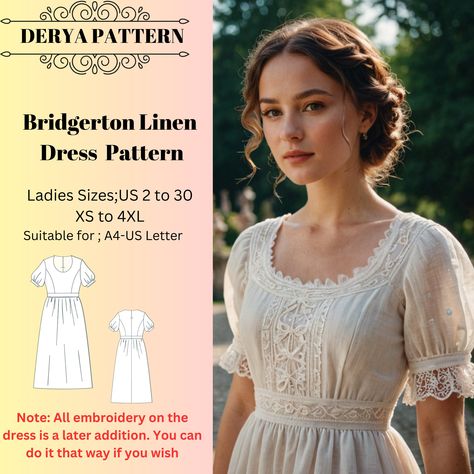 Bridgerton Linen Dress Pattern,Cottagecore Dress,Regency,Elvish dress,Halloween costume,Ball Gown-Empire Waist, available as an instant download (pdf) sewing pattern bundle with a range of size options, including plus sizes ⭐US Sizes: 2, 4, 6, 8, 10, 12, 14, 16, 18, 20, 22, 24, 26, 28, 30 ⭐Standard Sizes: XS, S, M, L, XL, 2XL, 3XL, 4XL ⭐These patterns are suitable for A4, A0, and US Letter size papers. ⭐Once your payment is processed, you will automatically receive download links for the pattern Regency Empire Dress, Regency Dress Patterns, Beautiful Dress Patterns, Pride And Prejudice Dress Pattern, Sleeves Designs For Dresses Pattern, Lace Up Dress Pattern, Regency Dress Historical, Cottagecore Ball Gown, Cottage Dress Pattern