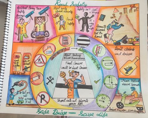 Road Safety Poster Drawing Competition, Patient Safety Poster Ideas, Safety Drawings Ideas, Traffic Safety Posters Drawing, Road Safety Poster Ideas For Competition, Road Safety Poster Creative Drawing, Road Safety Drawing Ideas, Globalization Poster Ideas, Posters Drawing