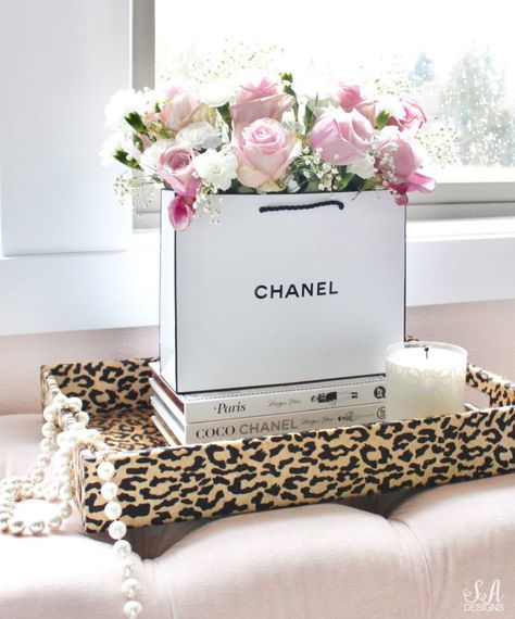 How To Beautifully Repurpose Empty Candle Jars & Designer Shopping Bags - Summer Adams Designer Shopping Bags, Chanel Book, Chanel Flower, Empty Candle Jars, Chanel Decor, Empty Candle, Small Glass Vases, Designer Shopping, Chanel Inspired